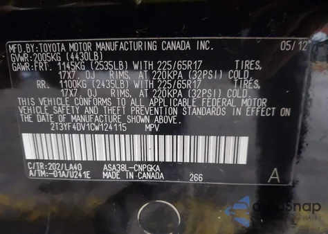 2012 Toyota Rav4 Limited z USA, uszkodzony, nr VIN 2T3YF4DV1CW124115